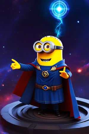 Generate an image of minion Doctor Strange wearing a tiny cape and performing mystical gestures, conjuring miniature portals and mystic symbols.