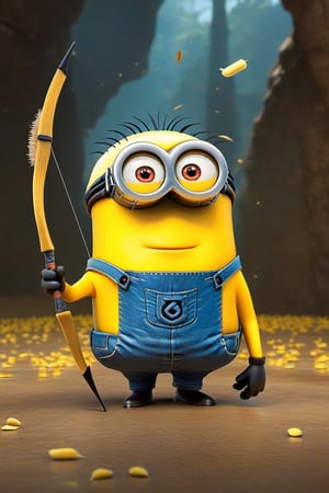 Generate an image of minion Hawkeye showing off his archery skills, using a small bow and arrows to hit targets while balancing on a banana peel.