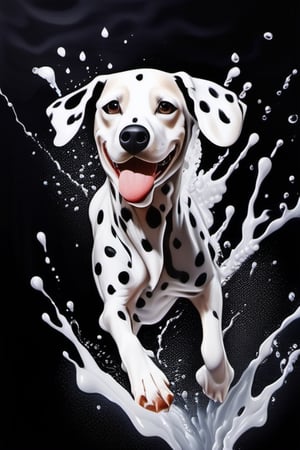 Canine Cascade, Mesmerizing liquid portrait, capturing the dynamic charge of a cute Dalmatian. A symphony of black and white, each splash paints a muscle's movement, rendering the dog in a fantastical splash style. The canine, made of gooey, slime-like paint, seems to melt, clash, and reform against a complex, dark backdrop. The art is a fusion of digital precision and the rich texture of oil on canvas, offering intricate details in both 4k and 8k resolutions. Masterpiece, infused with fairy tale whimsy and dramatic flair, showcases an expert's touch in every droplet and streak., Mysterious,photo r3al