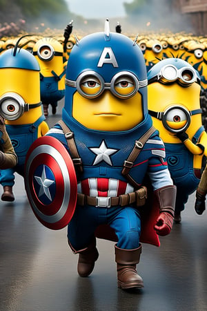Create a picture of Captain America as a minion, holding a tiny shield adorned with a smiley face, leading a troop of other minions in a heroic adventure.