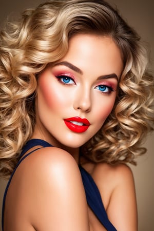 (best quality,highres),sexy woman,cute smile,detailed eyes,detailed lips,loose wavy hair,rosy cheeks,flawless skin,vibrant personality,alluring gaze,pin-up style makeup,stunning beauty,feminine charm,radiant smile,sultry expression,confident posture,portrait,soft lighting,vivid colors