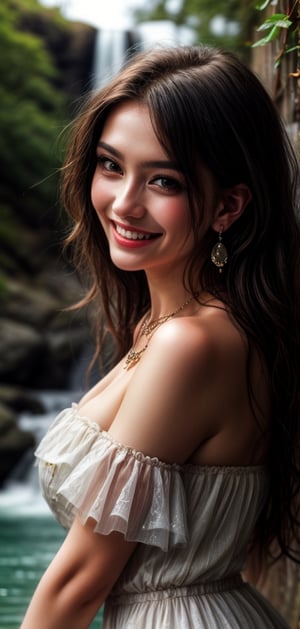 create a masterpiece, Best Quality, photorealistic, highly detailed, 1 beautiful woman daydreaming. She is wearing summer dress, longhair, earrings, necklace, beautiful detailed eyes, realistic detailed skin, smiling, perfect teeth, background of waterfall,
,blurry_light_background,perfecteyes
