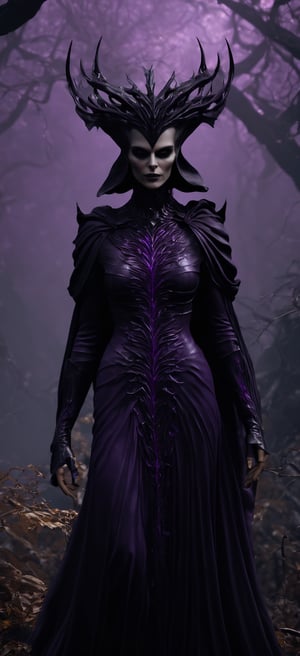 PhotoReal, hyper realistic photograph. Ultra high definition photography. A mysterious witch cloaked in purple chaos energy, standing in a dark forest of barren trees, glowing with a powerful energy. realistic, stunning realistic photograph, 3d render, octane render, intricately detailed, cinematic, trending on artstation, Isometric, Centered hipereallistic cover photo, awesome full color, hand drawn, dark, gritty, mucha, klimt, erte 12k, high definition, cinematic, neoprene, behance contest winner, portrait featured on unsplash, stylized digital art, smooth, ultra high definition, 8k, unreal engine 5, ultra sharp focus, intricate artwork masterpiece, ominous, epic, TanvirTamim, trending on artstation, by artgerm, h. r. giger and beksinski, highly detailed, vibrant,diablo 4 style,Movie Still