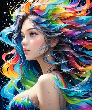 Masterpiece, 4K, ultra detailed,  ((solo)), PhotoRealistic, colorful splash art, liquid luminous busty lady made of colors, long flowy hair, epic aurora borealis, SFW, head and shoulders portrait, depth of field, more detail XL, Ink art
