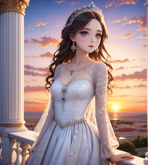 masterpiece, A royal princess wearing fancy lace dress in front of a marble balcony, epic sunset, bright detailed eyes, more detail XL, ((SFW)), extreme depth of field, 
