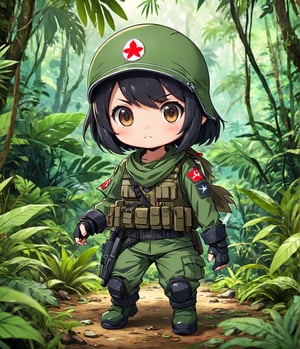 Masterpiece, 4K, ultra detailed, chibi anime style, 1 super female solider with bandana in the jungle, windy, more detail XL, SFW, depth of field, full body shot, 