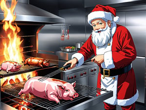 ((anime)), Santa Claus rotisserie a whole pig in open fire, professional kitchen, dynamic angle, more detail XL, SFW, solo,