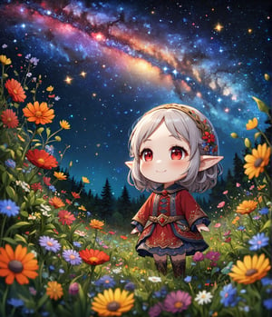 Masterpiece, 4K, ultra detailed, ((solo)), pretty chibi elf girl in mystical wild flowers forest, detailed red eyes, smiling, epic starry night sky, more detail XL, SFW, depth of field,
