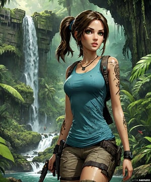 Masterpiece, 4K, ultra detailed, ((solo)), anime art style, Lara Croft with beautiful detailed eyes and glamorous makeup, walking in a dark jungle, ancient ruin in front of a waterfall, more detail XL, SFW, depth of field,