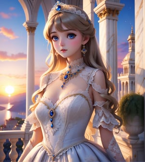 masterpiece, A royal princess wearing fancy lace dress in front of a marble balcony, epic sunset, bright detailed eyes, more detail XL, ((SFW)), extreme depth of field, ,(anime)