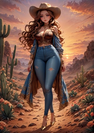 Masterpiece, 4K, ultra detailed, anime style, ((solo)), sexy long wavy hair girl wearing cowboy hat and long blue jeans, beautiful hazel color eyes, dangling gold earrings, walking in rocky desert with high heels, cactus with flowers, sunset, more detail XL, SFW, depth of field, 