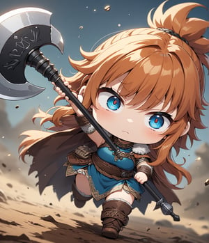 Masterpiece, 4K, ultra detailed, ((solo)), chibi anime style, viking woman with ginger hair, big detailed eyes, holding double sided battle axe, more detail XL, SFW, dynamic angle, depth of field,
