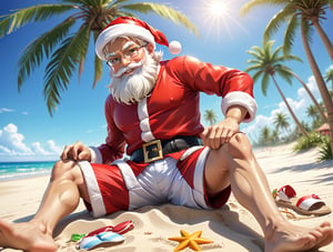 ((anime)), Santa Claus wearing shorts relaxing on a sandy beach, sun tanning, Palm tree, dynamic angle, depth of field, detail XL,