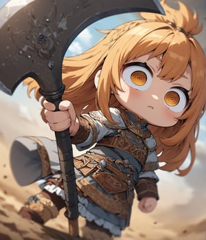 Masterpiece, 4K, ultra detailed, ((solo)), chibi anime style, viking woman with ginger hair feeling dizzy, big detailed eyes, holding double sided battle axe, more detail XL, SFW, dynamic angle, depth of field,