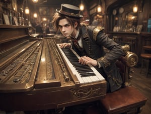 ((Anime)), sing me a song piano man, fingers on the piano keys, in a empty bar, more detail XL, SFW,steampunk style, closeup shot,