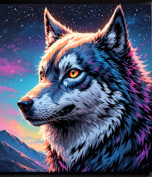 Masterpiece, 4K, ultra detailed, 1 spiritual wolf on hilltop, epic night sky, more detail XL, SFW, depth of field,Ink art,  closeup portrait,