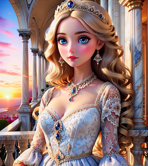 masterpiece, A royal princess wearing fancy lace dress in front of a marble balcony, epic sunset, bright detailed eyes, more detail XL, ((SFW)), extreme depth of field, 