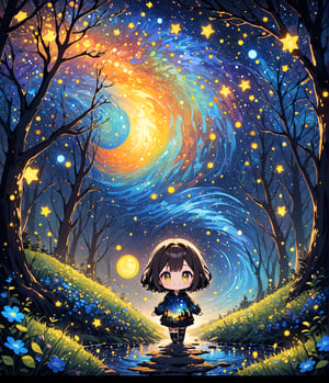 Masterpiece, 4K, ultra detailed, ((solo)), pretty chibi girl walking in mystical bambo forest, smiling, detailed hazel color eyes, epic starry night sky, more detail XL, SFW, depth of field,Ink art, 