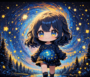 Masterpiece, 4K, ultra detailed, ((solo)), pretty chibi girl walking in mystical forest, smiling, detailed hazel color eyes, epic starry night sky, more detail XL, SFW, depth of field,Ink art, 