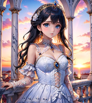 masterpiece, A royal princess wearing fancy lace dress in front of a marble balcony, epic sunset, bright detailed eyes, more detail XL, ((SFW)), extreme depth of field, ,(anime)