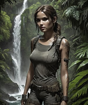 Masterpiece, 4K, ultra detailed, ((solo)), monochrome, anime art style, Lara Croft with beautiful detailed eyes and glamorous makeup, walking in a dark jungle, ancient ruin in front of a waterfall, more detail XL, SFW, depth of field,charcoal \(medium\)