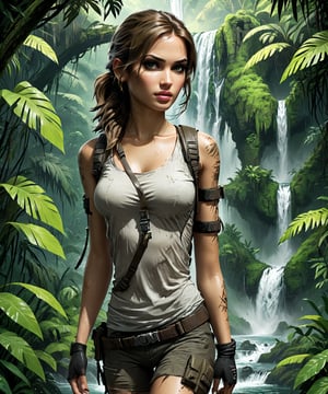 Masterpiece, 4K, ultra detailed, ((solo)), anime art style, Lara Croft with beautiful detailed eyes and glamorous makeup, walking in a dark jungle, ancient ruin in front of a waterfall, more detail XL, SFW, depth of field,charcoal \(medium\)