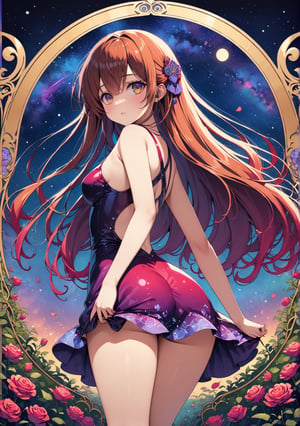 Masterpiece, 4K, ultra detailed, ((solo)), pretty long hair girl walking in roses garden, detailed hazel color eyes, wearing sexy ombre shiny satin mini dress, epic night sky, more detail XL, SFW, depth of field,Ink art, art nouveau style,