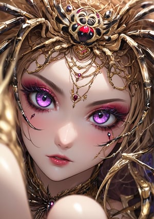Masterpiece, solo, ultra detailed, anime style, queen of spider, big beautiful eyes and glamorous makeup, depth of field, more detail XL, SFW, 