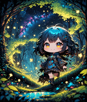 Masterpiece, 4K, ultra detailed, ((solo)), pretty chibi girl walking in mystical bambo forest, smiling, detailed hazel color eyes, epic night sky, more detail XL, SFW, depth of field,Ink art, 