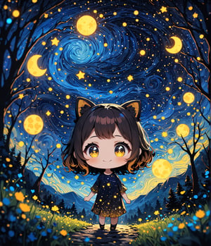 Masterpiece, 4K, ultra detailed, ((solo)), pretty chibi girl walking in mystical forest, smiling, detailed hazel color eyes, epic starry night sky, more detail XL, SFW, depth of field,Ink art, 