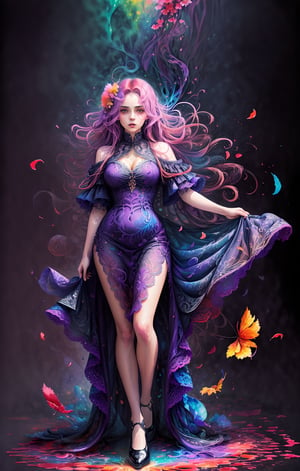 beautiful long scarlet hair woman with big expressive eyes, purple ink flow, 8k resolution photorealistic masterpiece, intricately detailed fluid gouache painting, calligraphy acrylic, volumetric lighting maximalist photoillustration, by marton bobzert, 8k resolution concept art intricately detailed,1 girl, large foliage and large flowers,very windy, flowy lace dress, depth_of_field, dynamic angle, watercolor \(medium\), (full body portrait), vibrant color palette,psychedelic