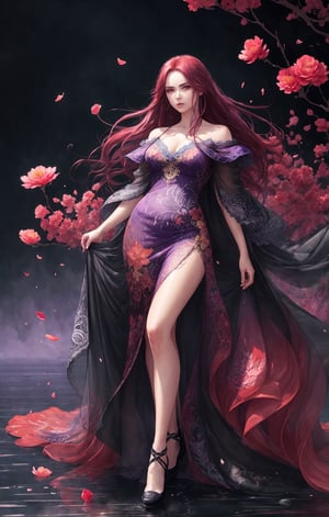 beautiful long scarlet hair woman with big expressive eyes, purple ink flow, 8k resolution photorealistic masterpiece, intricately detailed fluid gouache painting, calligraphy acrylic, volumetric lighting maximalist photoillustration, by marton bobzert, 8k resolution concept art intricately detailed,1 girl, large foliage and large flowers,very windy, flowy lace dress, depth_of_field, dynamic angle, watercolor \(medium\), (full body portrait), vibrant color palette,