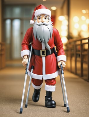 ((anime)), Santa walking with crutches, sad expressions, presents on the floor, dynamic angle, depth of field, detail XL,