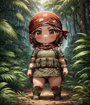 Masterpiece, 4K, ultra detailed, chibi anime style, 1 super female solider with bandana in the jungle, windy, more detail XL, SFW, depth of field, full body shot, 
