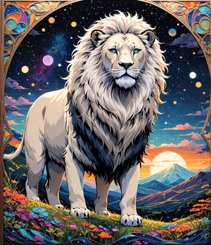 Masterpiece, 4K, ultra detailed,1 majestic white lion in safari roaring on hill top, epic night sky, more detail XL, SFW, depth of field,Ink art, stained glass art nouveau style,