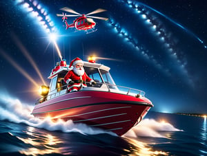 Santa Claus on speed boat at night, epic night sky, helicopter with search light in a distance, dynamic angle, depth of field, detail XL, closeup shot