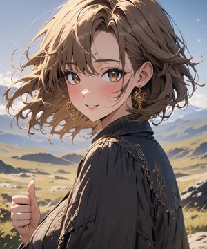 Masterpiece, 4K, ultra detailed, ((solo)), newest, anime style, beautiful mature woman thumbs up to viewers, beautiful hazel eyes and gold earrings, windy outdoor, more detail XL, SFW,