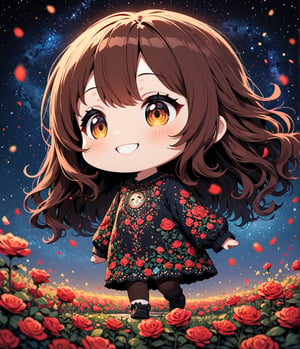 Masterpiece, 4K, ultra detailed, ((solo)), pretty chibi girl walking in roses garden, smiling, detailed hazel color eyes, epic night sky, more detail XL, SFW, depth of field,Ink art, 