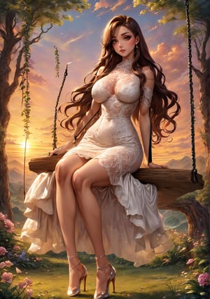 anime art style, sexy girl with long hair sitting on swings, sexy lace dress and high heels, big beautiful brown eyes, large trees, sunset, more detail XL,