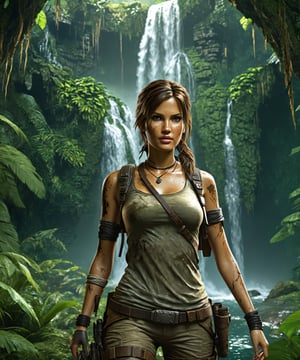 Masterpiece, 4K, ultra detailed, ((solo)), anime art style, Lara Croft with beautiful detailed eyes and glamorous makeup, walking in a dark jungle, ancient ruin in front of a waterfall, more detail XL, SFW, depth of field,