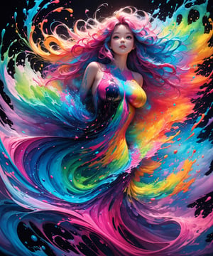 Masterpiece, 4K, ultra detailed,  ((solo)), PhotoRealistic, colorful splash art, liquid luminous busty lady made of colors, long flowy hair, epic aurora borealis, SFW, depth of field, more detail XL, Ink art