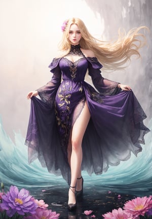 beautiful long blonde hair woman with big expressive eyes, purple ink flow, 8k resolution photorealistic masterpiece, intricately detailed fluid gouache painting, calligraphy acrylic, volumetric lighting maximalist photoillustration, by marton bobzert, 8k resolution concept art intricately detailed,1 girl, large foliage and large flowers,very windy, flowy lace dress, depth_of_field, dynamic angle, watercolor \(medium\), (full body portrait), vibrant color palette,