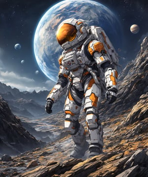 anime art style, solo space traveler wearing heavy duty mecha spacesuit, walking in unreal swirling rocky mountain terrain, windy night, more detail XL, outer planets collapsing, 