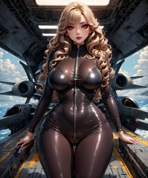 Masterpiece, 4K, ultra detailed, ((solo)), chibi anime style, busty female spy with glamorous makeup and wavy hair, skin tight catsuits with front zipper down and stilettos high heels, in a top secret aircraft carrier, more detail XL, SFW, depth of field, full body shot,