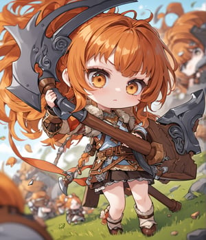 Masterpiece, 4K, ultra detailed, ((solo)), chibi anime style, viking woman with ginger hair, feeling dizzy, big detailed eyes, holding double sided battle axe, more detail XL, SFW, dynamic angle, depth of field,