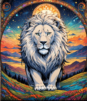 Masterpiece, 4K, ultra detailed,1 majestic white lion in safari roaring on hill top, epic night sky, more detail XL, SFW, depth of field,Ink art, stained glass art nouveau style,