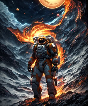 anime art style, solo space traveler wearing heavy duty mecha spacesuit, walking in unreal swirling volcanic mountain terrain, windy night, more detail XL, outer planets collapsing, 