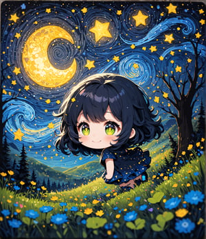 Masterpiece, 4K, ultra detailed, ((solo)), adorable chibi girl in mystical forest, smiling, detailed hazel color eyes, epic starry night sky, more detail XL, SFW, depth of field,Ink art, 