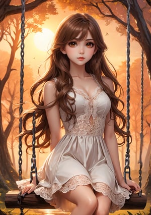 anime art style, beautiful girl with long hair sitting on swings, sexy lace dress and high heels, big beautiful brown eyes, large trees, sunset, more detail XL,