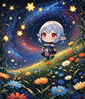 Masterpiece, 4K, ultra detailed, ((solo)), pretty chibi elf girl in mystical wild flowers forest, detailed red eyes, smiling, epic starry night sky, more detail XL, SFW, depth of field,